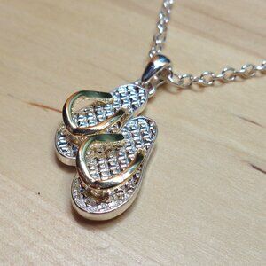 BEACH FASHION SILVER TONE RHODIUM DOUBLE FLIP FLOPS PENDANT NECKLACE & EARRINGS